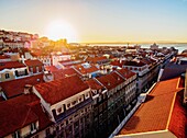 Portugal, Lisbon, Miradouro de Santa Justa, View over downtown and Aurea Street towards the Tagus River at sunrise.