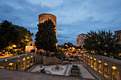 'Multani Caravanserai and Maiden Tower at night; Baku, Azerbaijan'
