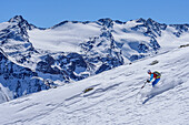 Woman backcountry skiing descending from Lyfispitze, Veneziaspitzen in background, Lyfispitze, valley Martelltal, Ortler range, Vinschgau, South Tyrol, Italy
