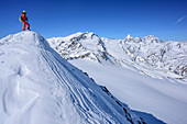 Woman backcountry skiing standing on snow ridge and looking towards Zufallspitzen, Koenigsspitze, Zebru and Ortler, Cima Marmotta, valley Martelltal, Ortler range, Vinschgau, South Tyrol, Italy
