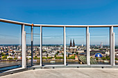 View from Cologne Triangle towards cathedral and old town, Cologne, North Rhine-Westphalia, Germany