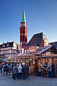 Christmas fair at Roemer, Roemerberg square, Nikolaikirche church, Frankfurt, Hesse, Germany, Europe