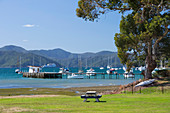View across Waikawa Bay, an arm of Queen Charlotte Sound (Marlborough Sounds), Waikawa, near Picton, Marlborough, South Island, New Zealand, Pacific