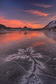 Lej Nair, Bernina Pass, Switzerland, Sunset on a frozen lake