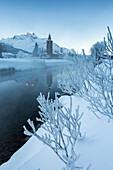 Foggy sunrise in winter, Sils Maria, Sils im Engadin, Graubunden, Switzerland