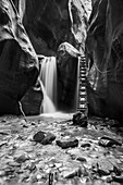 Black and white long exposure at waterfall and ladder in Kanarra Creek Canyon, Kanarraville, Iron County, Utah, USA