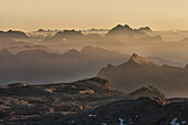 Europe, Italy, Trentino, Sunrise on the plateau of the Pale di San Martino Pala group, Dolomites