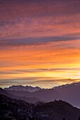 Dawn at Grumello Castle and Adamello seen from Hamlet Mossini Sondrio Valtellina, Lombardy, Italy Europe