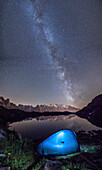 Camping under the stars at Lac de Cheserys, In the background the range of Mont Blanc, Haute Savoie, France