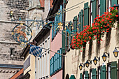 Flowers and ancient houses in Nordlingen Bavaria Southern Germany Europe