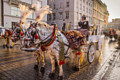 Krakow, Poland, North East Europe, Horse drawn carriages in Main Market Square