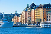Sweden, Stockholm, Boats Moored alongside The Old Town.