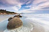 New Zealand, South Island, Otago, Moeraki, Moeraki Boulders also known as Te Kaihinaki, dawn.