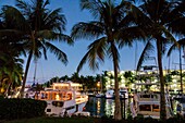 Florida, Key Largo, Upper Florida Keys, Courtyard Key Largo, waterfront, canal, marina, yachts, boat, slip, palm tree, dusk, night, twilight