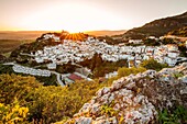 Panoramic at sunset. White village of Casares, Malaga province Costa del Sol. Andalusia Southern Spain, Europe.