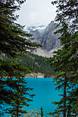 Lake at foggy mountain