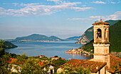 Europe, Italy, Lombardy, Iseo lake in Lombardy with the bell tower in the south side of lake