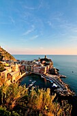 View of Vernazza at sunset, Liguria, Italy