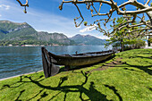 Old boat in the gardens of Villa Melzi d'Eril in Bellagio, Lombardy, Italy