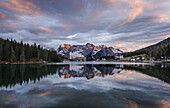 Misurina's lake, Sorapiss, Misurina, Cadore, Belluno, Veneto, Dolomites, Italy, Spectacular sunset at Misurina's lake
