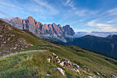 Europe, Italy, Trentino, Dolomites, From the crest of Caladora the Pale di San Martino at sunset, Valles Pass