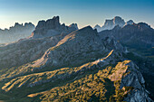 Europe, Italy, Veneto, Belluno, Cortina d Ampezzo, Dolomites, Panorama towards the Croda da Lago, Averau Nuvolau and Pelmo, In the foreground the Croda Negra, Dolomites