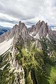 Aerial shot of Cadini of Misurina at summer, Cortina d'Ampezzo, Dolomites, Veneto, Italy, Europe