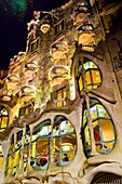 Casa Batllo by architect Antoni Gaudi. Facade at night. Barcelona, Catalonia, Spain