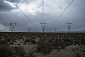Electricity pylons and plants in field against cloudy sky