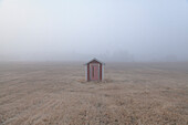 Hut in field on foggy day