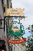 France, Paris, 3th district, rue de Bretagne, sign of a butcher