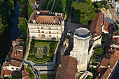 France, Dordogne, aerial view of the Bourdeilles castle and its tower