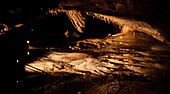 France, Lot, Cave of Lacave, Underground lake and stalactites ceiling