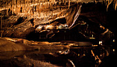France, Lot, Cave of Lacave, Underground lake and stalactites ceiling