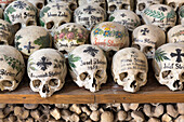 Schädel der verstorbenen Bürger von Hallstatt im Beinhaus Hallstatt, Oberösterreich, Österreich, Europa