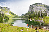 Hikers at Lower Lake Lahngangsee, Bad Aussee, Styria, Austria, Europe