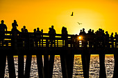 Silhouette von Personen auf dem beliebten öffentlichen Naples Pier am Golf von Mexiko zum Sonnenuntergang, Naples, Florida, USA