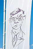 Portrait von Hans Fallda auf Fahne, Zeichnung, Fallada-Museum, Hans Fallada, Mecklenburgische Seenplatte, Mecklenburgische Seen, Carwitz, Mecklenburg-Vorpommern, Deutschland, Europa