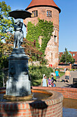 Tower Alter Amtsturm, old town, fountain, kids, Mecklenburg lakes, Lübz, Mecklenburg-West Pomerania, Germany, Europe