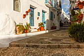 alley with blue door, Frigiliana, pueblo blanco, white village, Malaga province, Andalucia, Spain, Europe