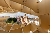 Metropol Parasol, viewing platform, Plaza de la Encarnacion, modern architecture, architect Juergen Mayer Hermann, view to the old town with the cathedral, Seville, Andalucia, Spain, Europe