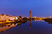 Barrio de Triana, Triana quarter, Torre Pelli, Torre Sevilla tower, architect Cesar Pelli, modern architecture, Rio Guadalquivir, river, Seville, Andalucia, Spain, Europe