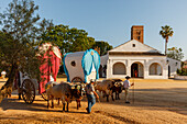 Ermita de Cuatrovitas chapel, ox carts, El Rocio, pilgrimage, Pentecost festivity, Huelva province, Sevilla province, Andalucia, Spain, Europe