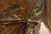hiker on the Caminito del Rey, via ferrata, hiking trail, gorge, Rio Guadalhorce, river, Desfiladero de los Gaitanes, near Ardales, Malaga province, Andalucia, Spain, Europe