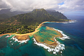 Aerial View Of Beach And Coral Reef Off The Shores Of The Hawaiian Island Of Kauai