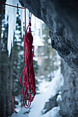 Ice Climbing Gear Hanging On Rock