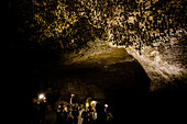 Cavers shining lamps on bats in Pokhara Bat Caves, Pokhara, Nepal, Asia