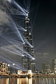 View of new skyline of Dubai at Business Bay with Burj Khalifa tower in United Arab Emirates UAE Middle East