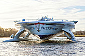 Trip on the Seine river with the Planet Solar yacht  between Rouen and the D'Amfreville lock. The MS T??ranor PlanetSolar is currently the largest solar boat ever built, Planet Solar was launched on March 31, 2010 after 3 years of feasibility studies, con