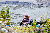Woman Preparing Dinner In Camp Above The Root Glacier In Alaska, Usa